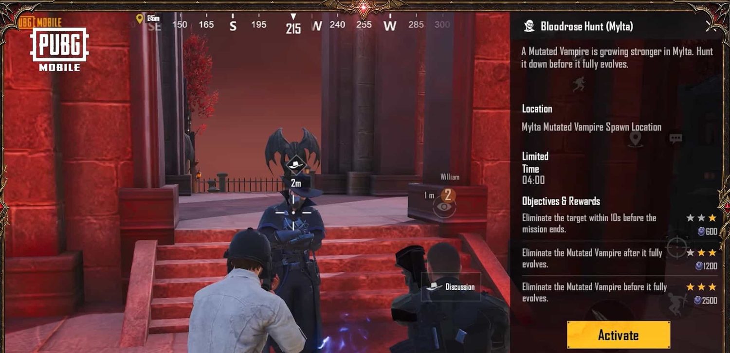 Real PUBG MOBILE screenshot of the Bloodrose Hunt mission UI